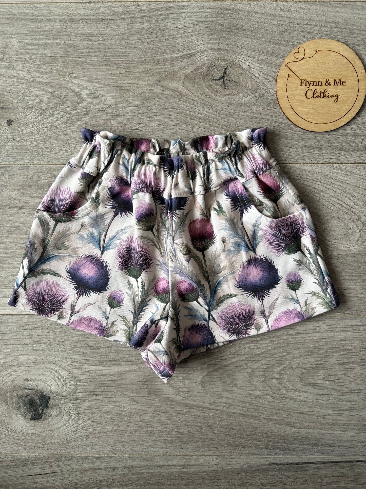 4-5yr Thistle Paperbag shorts with pockets - ready to post